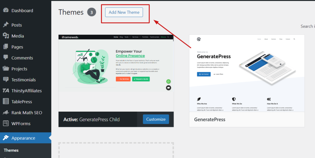 add a new theme on wordpress site