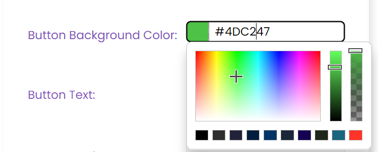 Selecting color for button background of whatsapp chat button, choose manual or from color palettes.