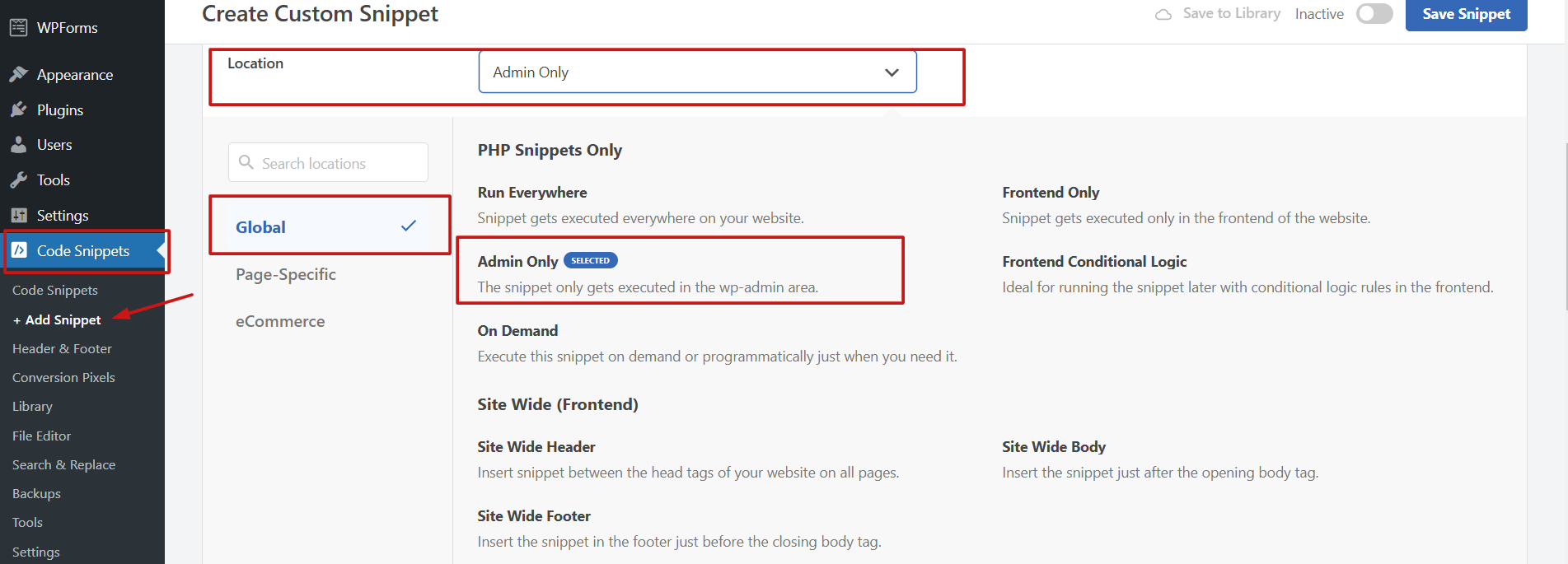 Where to place PHP Script to Create Categories in WordPress in WPCODE Plugin